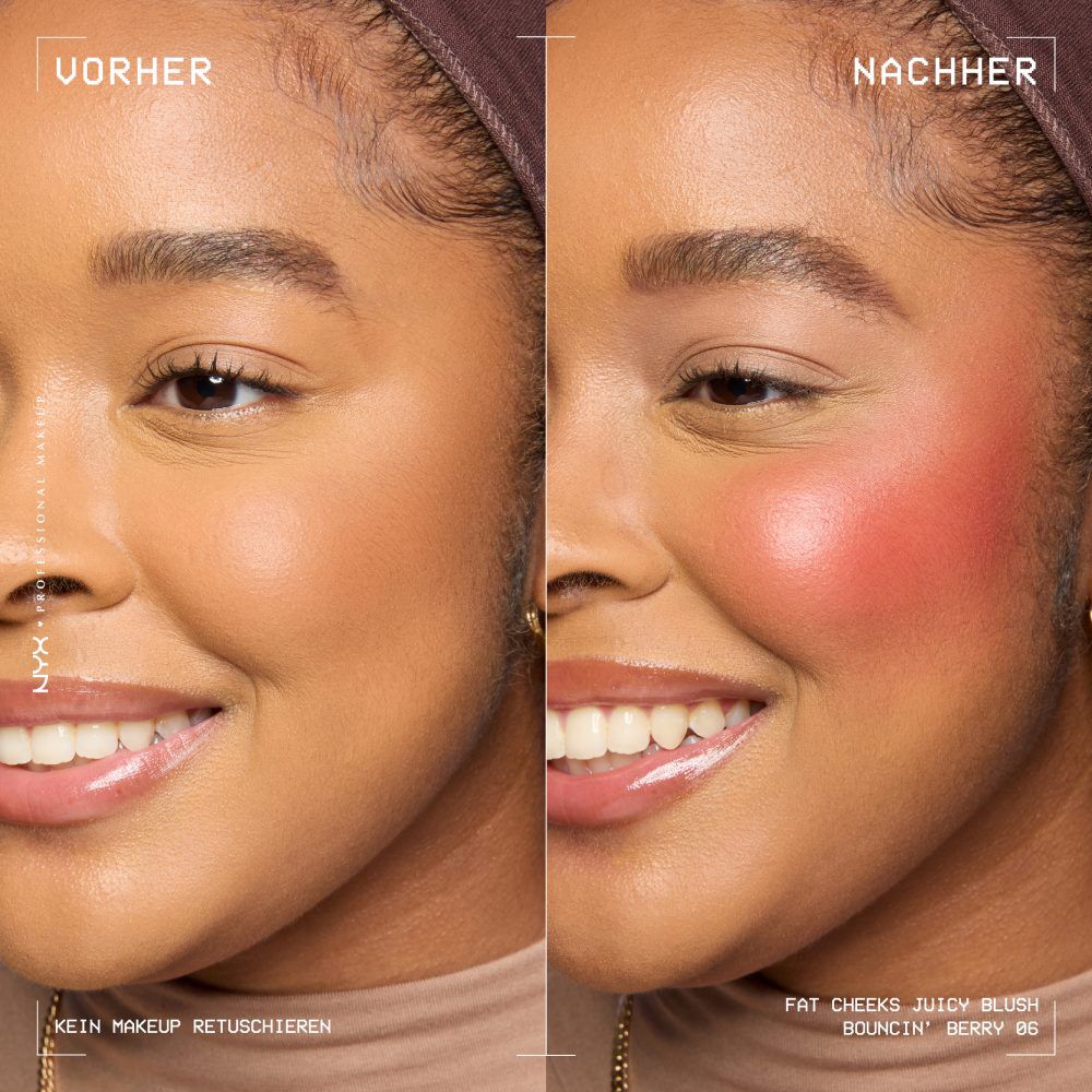Anwendung des Fat Cheeks Juicy Blush von NYX Professional Makeup: Vorher-Nachher-Vergleich von ungeschminkten und geschminkten Wangen 