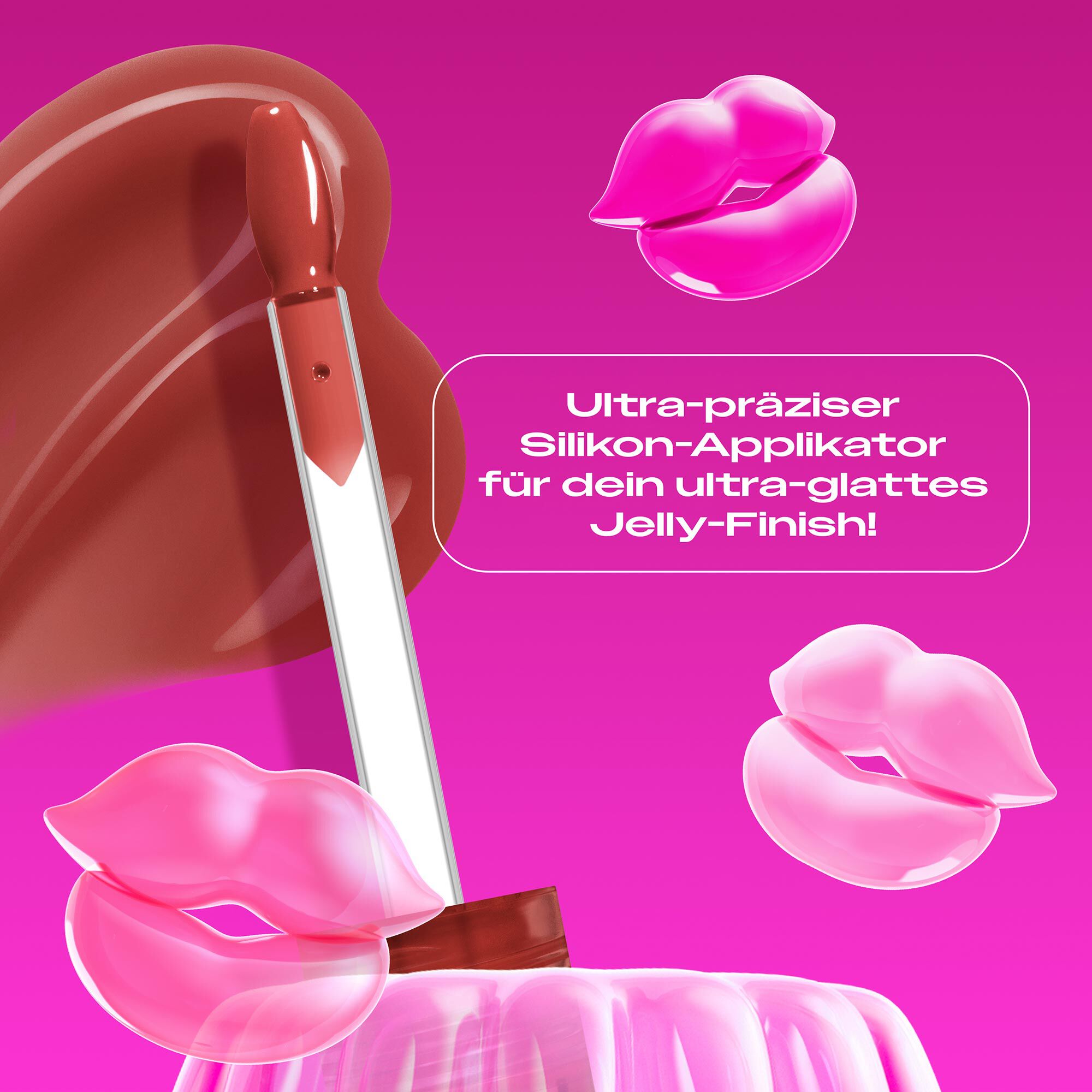 Das Bild zeigt eine Applikatorspitze aus Silikon, die in eine  viskose Textur taucht, die wie ein Swatch aufgetragen ist. Der Applikator ragt aus einer pinkfarbenen, gelatineartigen Masse oder Form heraus, die an Wackelpudding erinnert. Der gesamte Hintergrund ist ein leuchtendes Magenta.