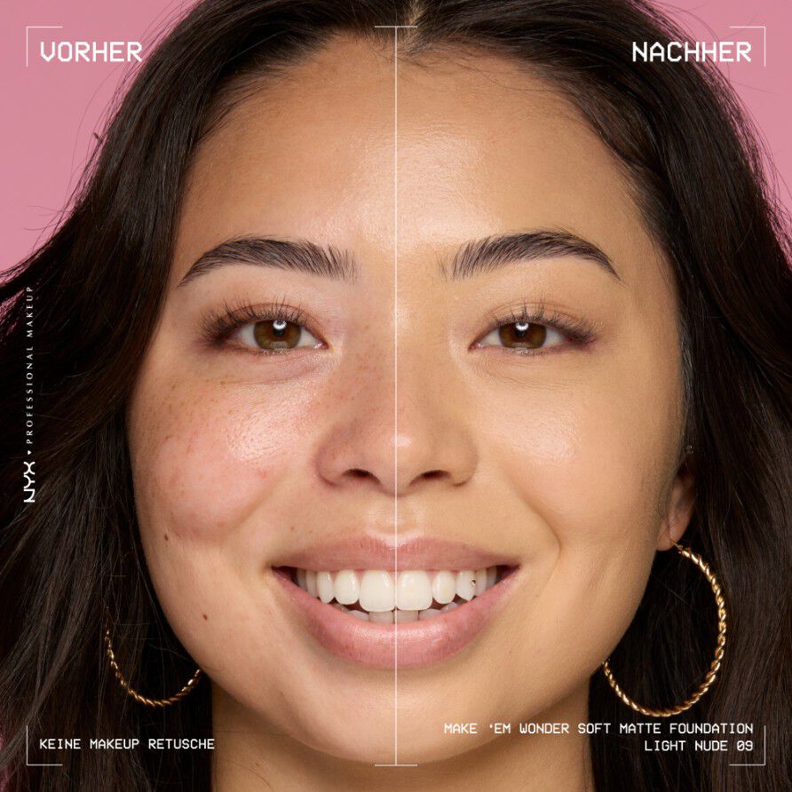 Vorher-Nachher-Bild vom Gesicht einer lachelnden Person mit und ohne Make 'Em Wonder Foundation