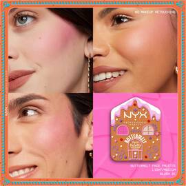 Zeigt ein Raster mit vier Nahaufnahmen von Models, die das Rouge/den Highlighter tragen, zusammen mit einem Bild der „Buttermelt Face Palette” in der Farbe 01 Light/Medium.