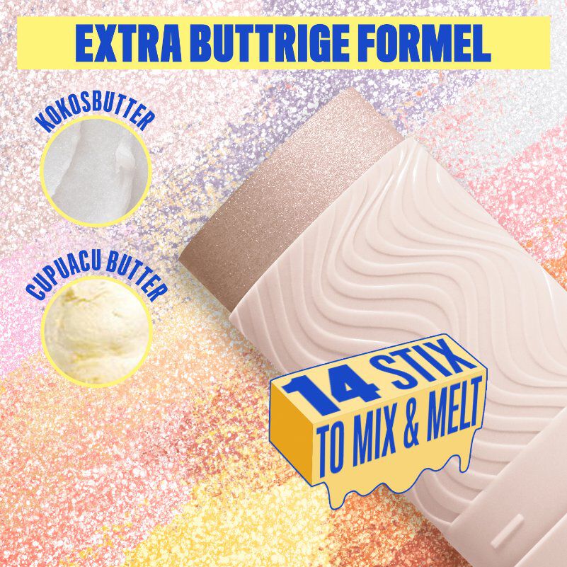 Ein farbenfrohes und glitzerndes Werbebild, das die Hauptbestandteile und Eigenschaften der "Buttermelt Stix" von NYX Professional Makeup hervorhebt. Der Hintergrund ist eine Mischung aus schimmernden Pink-, Lila- und Goldtonen.