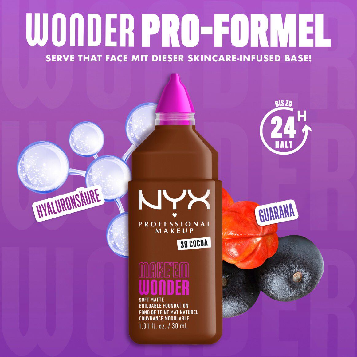 Make 'Em Wonder Foundation neben ihren Inhaltsstoffen Hyaluronsaure und Guarana-Extrakt