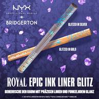 Zwei NYX PMU x Bridgerton Royal Epic Ink Liner Glitz Stifte, silber & gold, auf violettem, juwelenfarbenem Hintergrund. Text: „Beherrsche den Raum mit prazisen Linien und funkelndem Glanz.“