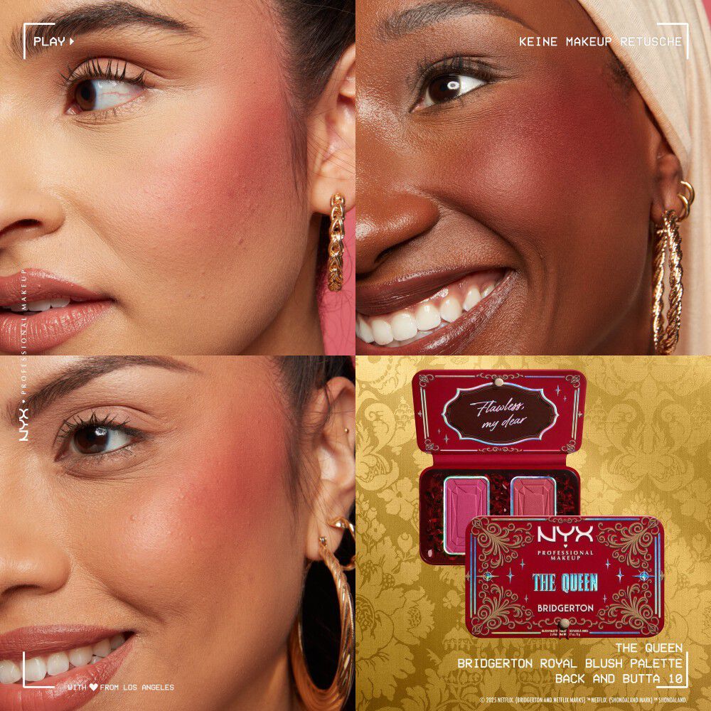 Grid aus vier Close-ups: Models mit unterschiedlichen Hauttonen tragen das NYX Professional Makeup Bridgerton Blush Duo und zeigen die Nuancen auf der Haut. Darunter die geoffnete Blush-Palette in der Shade 01 Wallflower.