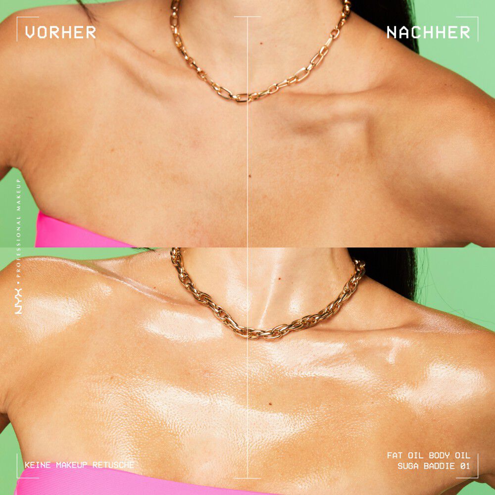 Ein Vorher-Nachher-Vergleich im Bereich des Schlusselbeins demonstriert das strahlende Ergebnis des Body Oils.