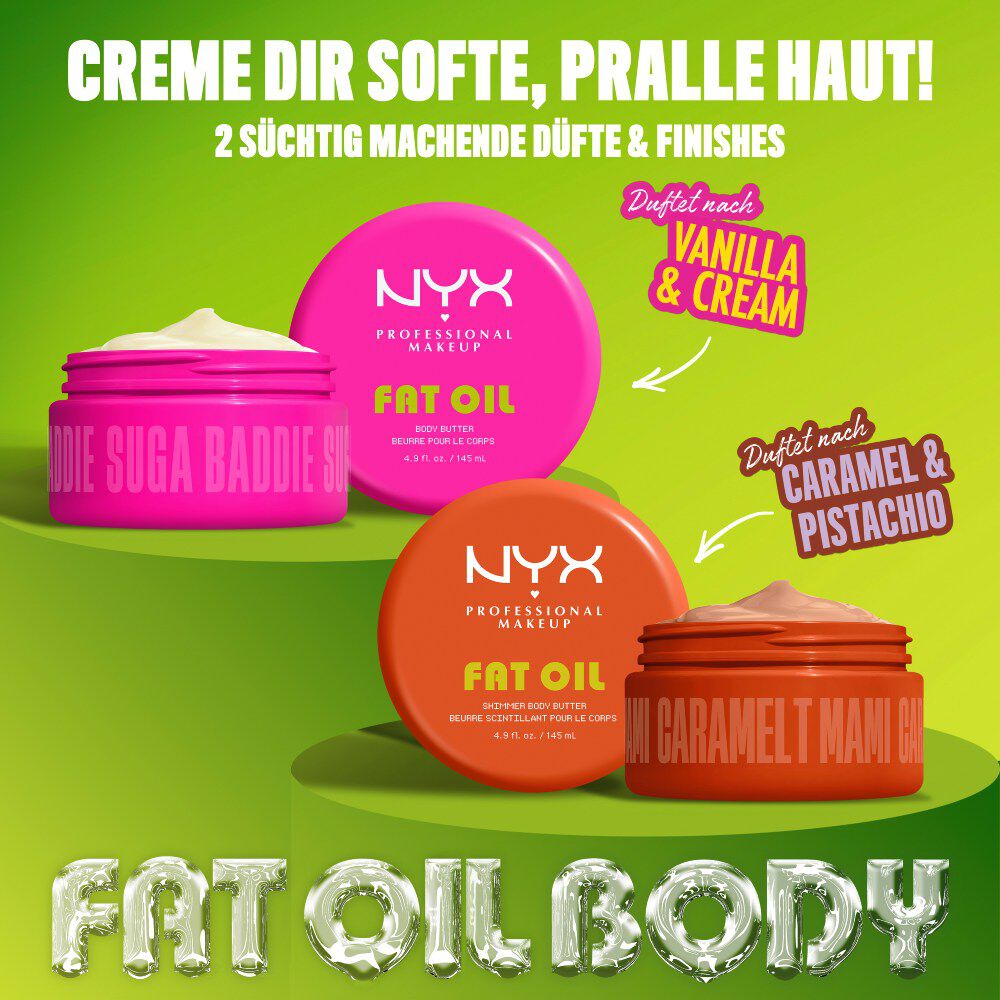 Eine Grafik prasentiert die zwei Varianten der Fat Oil Body Butter in Pink und Orange nebeneinander auf grunen Podesten.