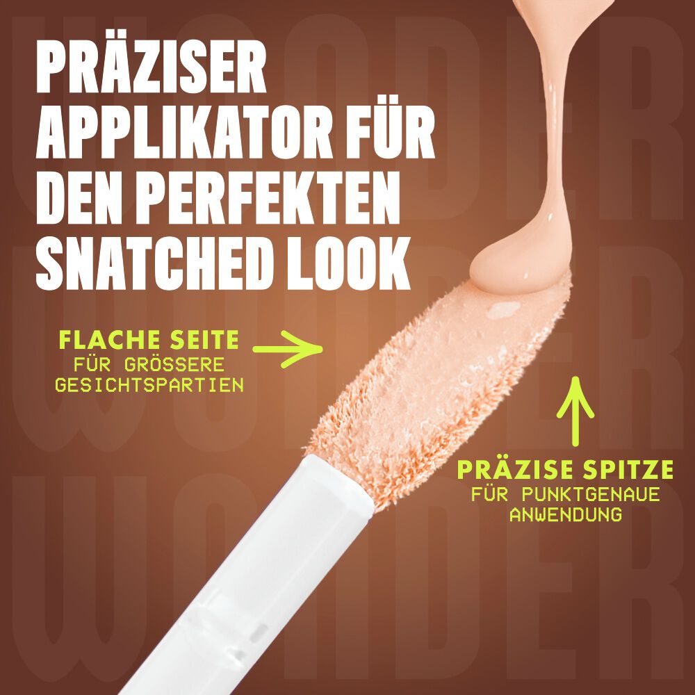 Nahaufnahme des zweiseitigen Applikators der NYX Wonder Snatch™ Kollektion mit Erklarungen..