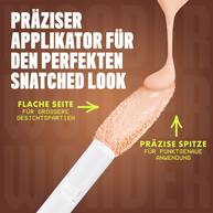Nahaufnahme des zweiseitigen Applikators der NYX Wonder Snatch™ Kollektion mit Erklarungen..