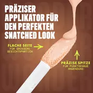 Nahaufnahme des zweiseitigen Applikators der NYX Wonder Snatch™ Kollektion mit Erklarungen..