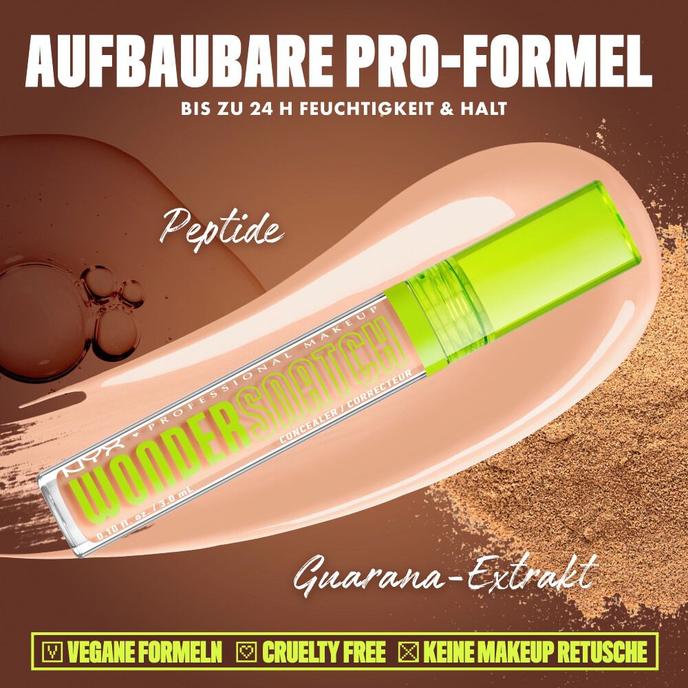 Produktgrafik des NYX Wonder Snatch™ Concealers, die die aufbaubare Formel mit Peptiden und Guarana-Extrakt fur bis zu 24 Stunden Feuchtigkeit und Halt prasentiert.