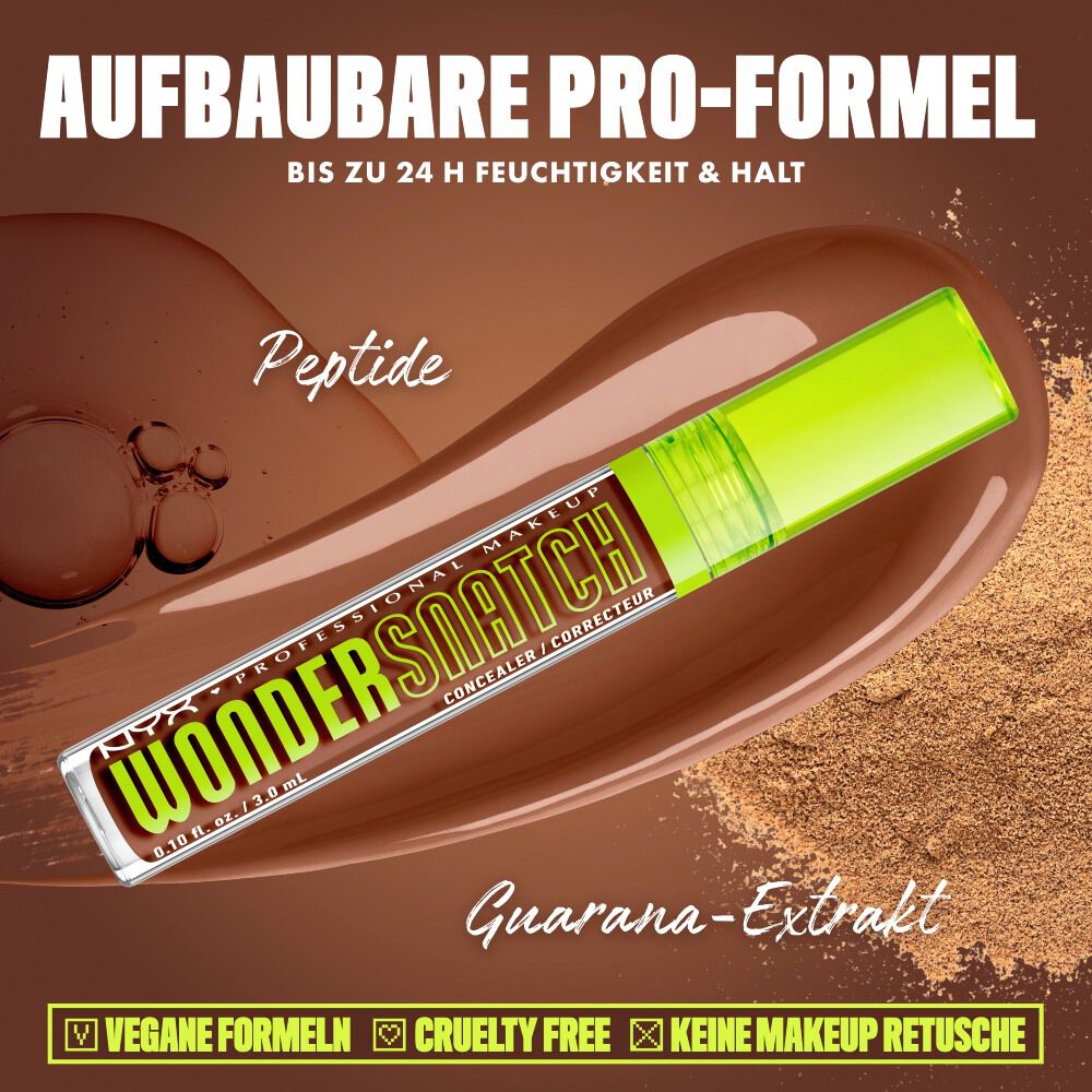 Produktgrafik des NYX Wonder Snatch™ Concealers, die die aufbaubare Formel mit Peptiden und Guarana-Extrakt fur bis zu 24 Stunden Feuchtigkeit und Halt prasentiert.