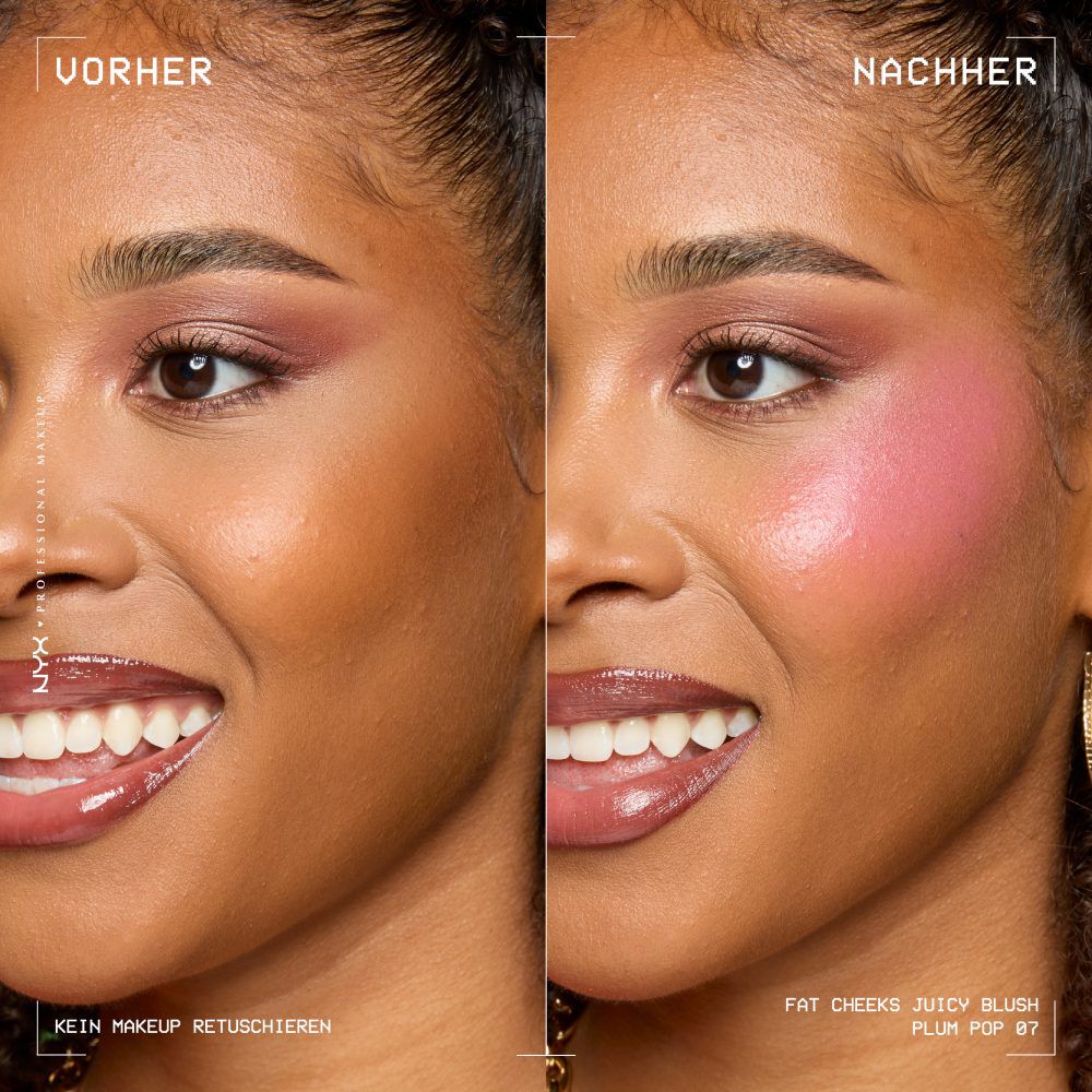 Anwendung des Fat Cheeks Juicy Blush von NYX Professional Makeup: Vorher-Nachher-Vergleich von ungeschminkten und geschminkten Wangen 