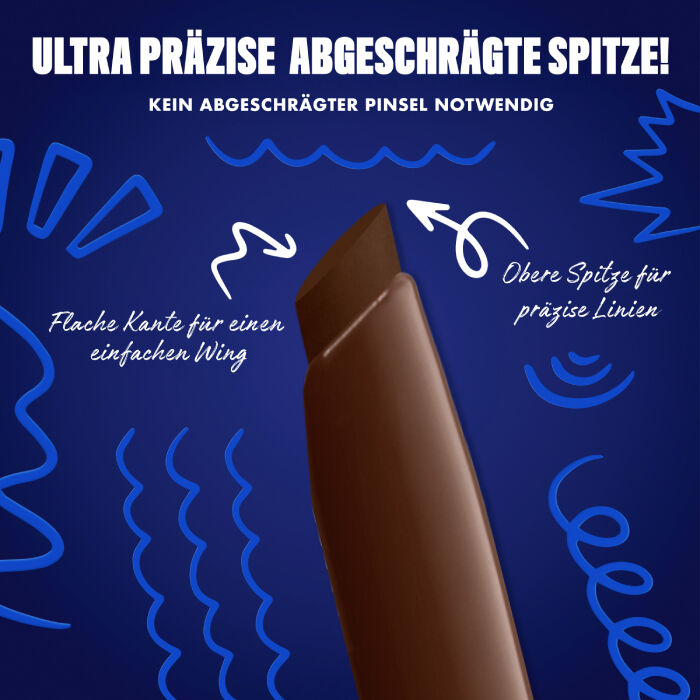 Das Bild zeigt eine Nahaufnahme der abgeschragten Spitze eines Eyeliners vor einem dunkelblauen Hintergrund. Auf dem Bild sind verschiedene Texte und Illustrationen zu sehen.