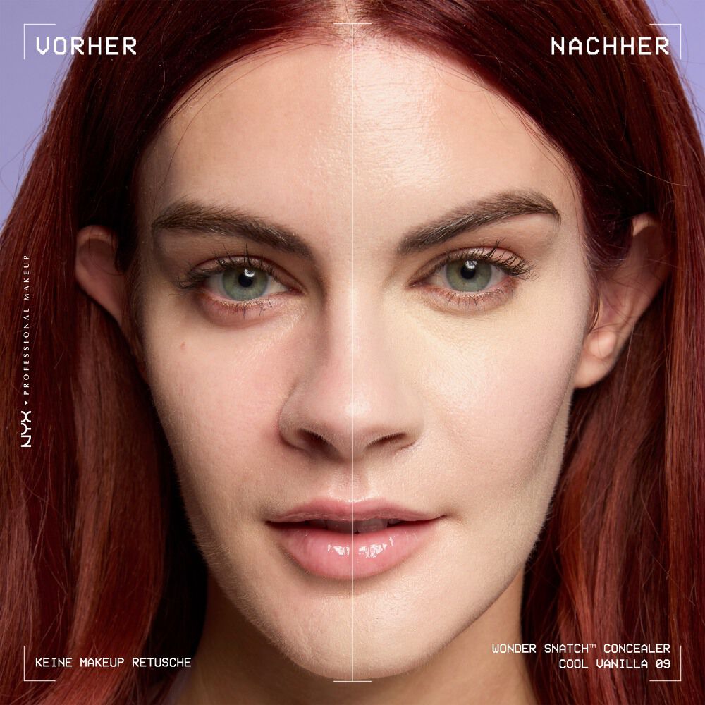 Ein unretuschierter Vorher-Nachher-Vergleich im Split-Screen demonstriert die hohe Deckkraft des NYX Wonder Snatch™ Concealers.
