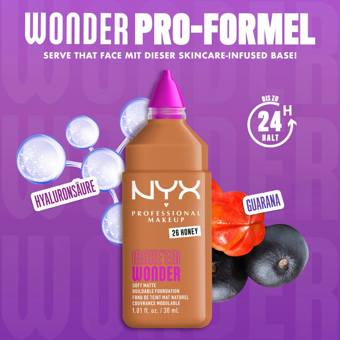 Make 'Em Wonder Foundation neben ihren Inhaltsstoffen Hyaluronsaure und Guarana-Extrakt