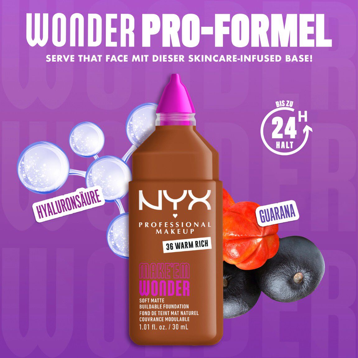 Make 'Em Wonder Foundation neben ihren Inhaltsstoffen Hyaluronsaure und Guarana-Extrakt