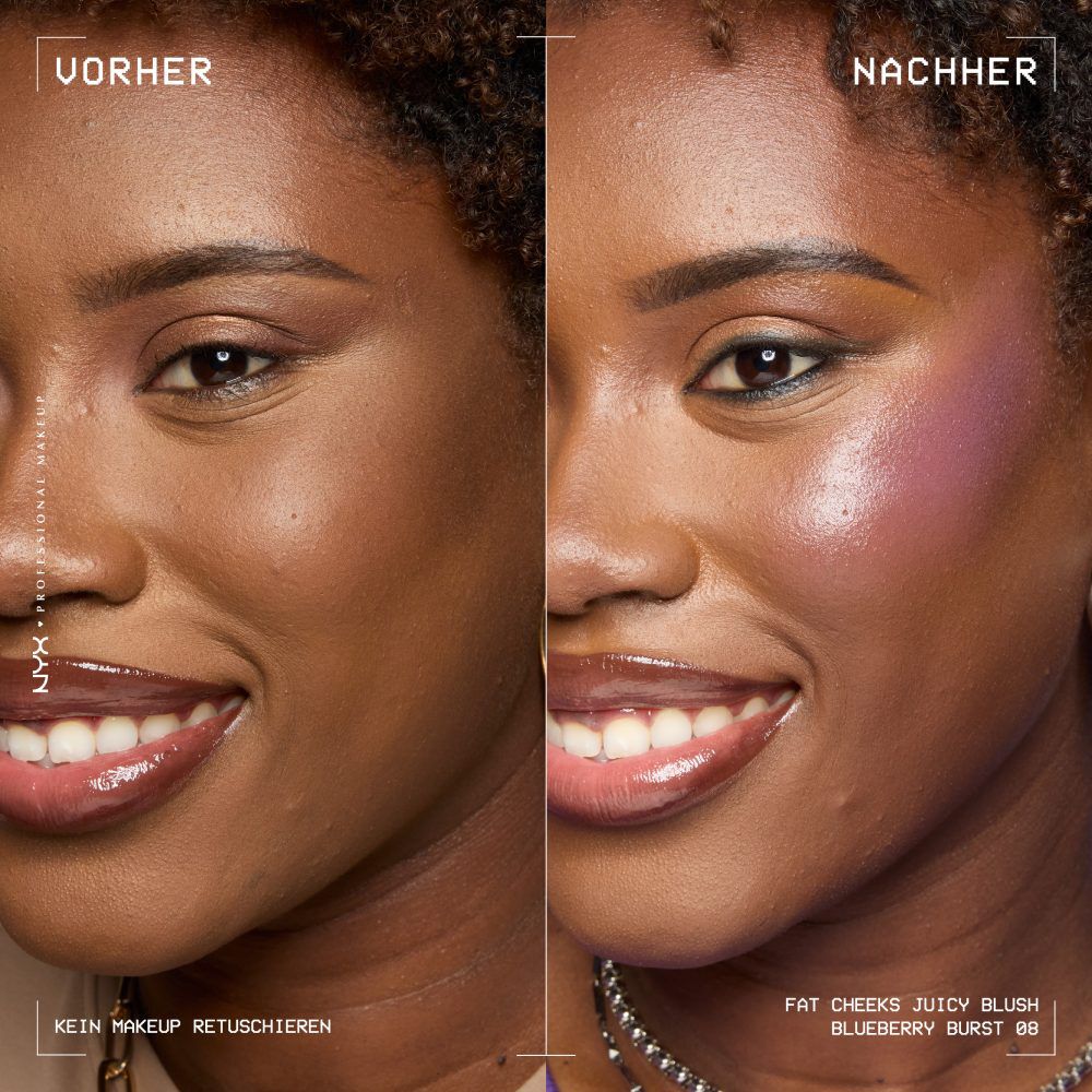 Anwendung des Fat Cheeks Juicy Blush von NYX Professional Makeup: Vorher-Nachher-Vergleich von ungeschminkten und geschminkten Wangen 
