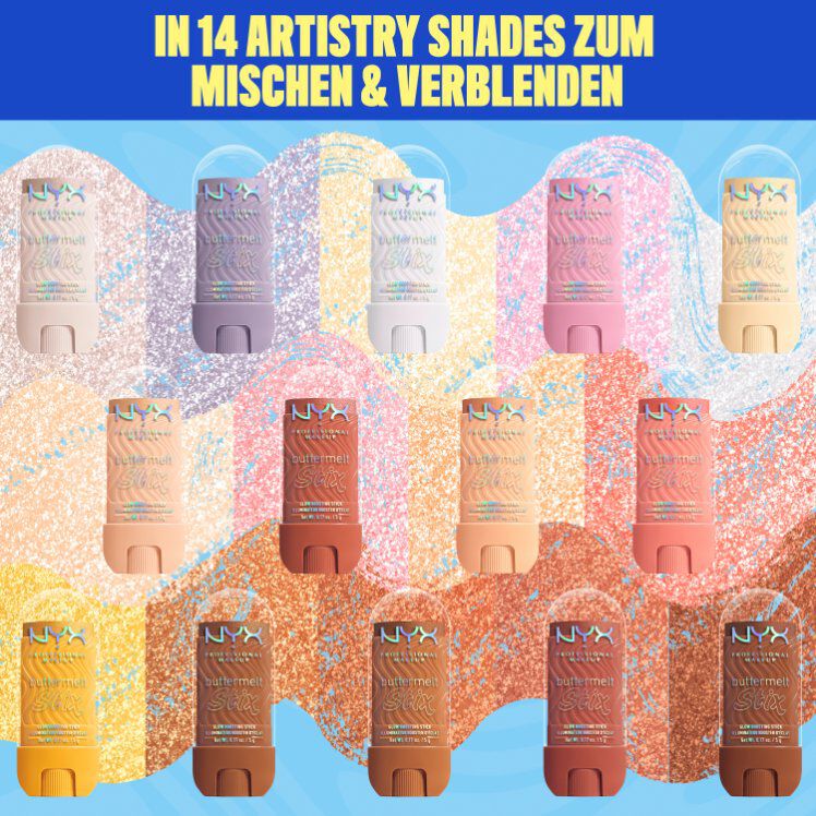 Eine farbenfrohe Ubersicht der NYX Professional Makeup Buttermelt Stix, die die Vielfalt von 14 'Artistry Shades zum Mischen & Verblenden' zeigt. Das Bild prasentiert alle 14 Stifte in einer Gitteranordnung.
