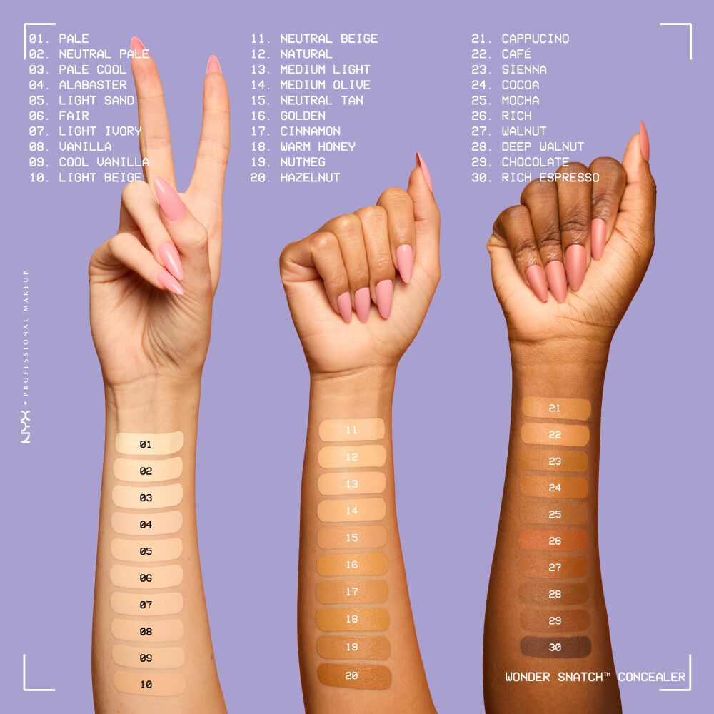 Farbmuster aller 30 Shades des NYX Wonder Snatch™ Concealers auf drei verschiedenen Hauttonen zur einfachen Bestimmung der passenden Shade.