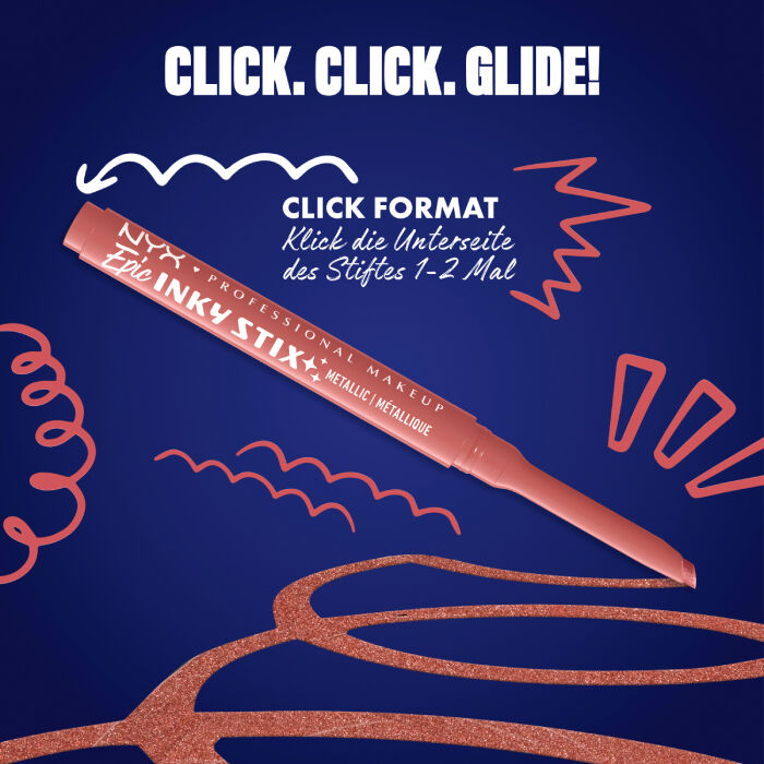 Das Bild zeigt einen Eyeliner-Stift von NYX Professional Makeup, diagonal auf einem dunkelblauen Hintergrund platziert. Oben steht in großen weißen Buchstaben "CLICK. CLICK. GLIDE!".