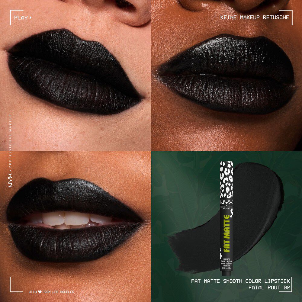 Nahaufnahmen-Raster von Lippen mit dem NYX Professional Makeup Party Animals Fat Matte Smooth Color Lipstick in der Nuance Fatal Pout, einem tiefschwarzen, matten Ton.