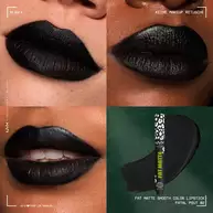 Nahaufnahmen-Raster von Lippen mit dem NYX Professional Makeup Party Animals Fat Matte Smooth Color Lipstick in der Nuance Fatal Pout, einem tiefschwarzen, matten Ton.