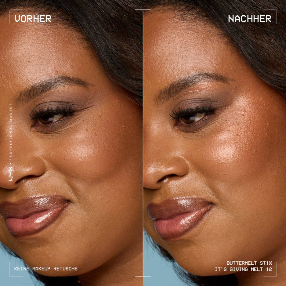 Dieses Bild ist eine Vorher-Nachher-Darstellung, die die Wirkung des NYX Professional Makeup Buttermelt Stix zeigt. Die Darstellung ist vertikal geteilt und zeigt das Gesicht einer Person.