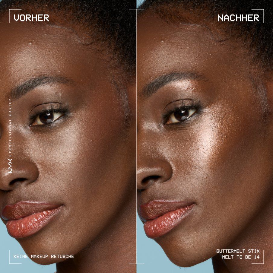 Dieses Bild ist eine Vorher-Nachher-Darstellung, die die Wirkung des NYX Professional Makeup Buttermelt Stix zeigt. Die Darstellung ist vertikal geteilt und zeigt das Gesicht einer Person.