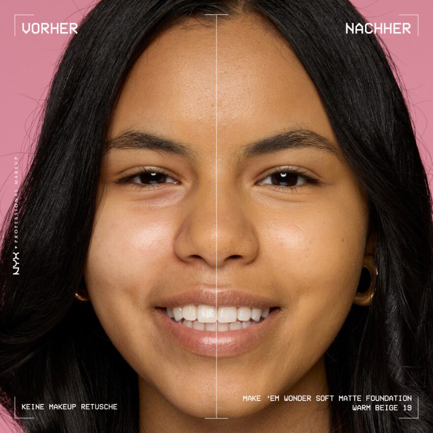 Vorher-Nachher-Bild vom Gesicht einer lachelnden Person mit und ohne Make 'Em Wonder Foundation