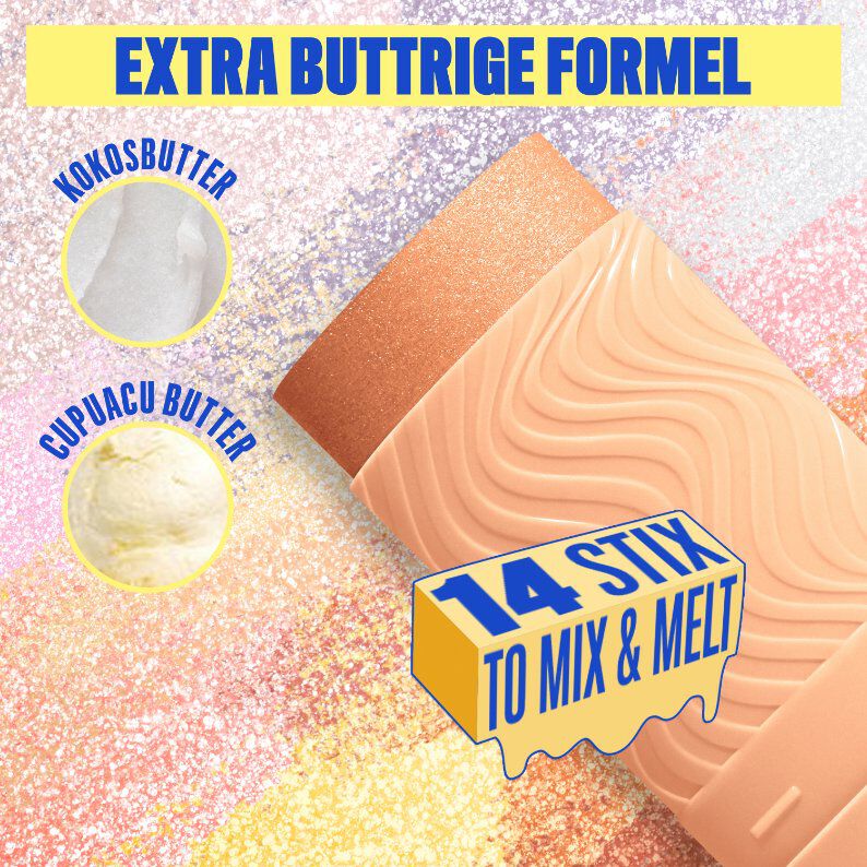 Ein farbenfrohes und glitzerndes Werbebild, das die Hauptbestandteile und Eigenschaften der "Buttermelt Stix" von NYX Professional Makeup hervorhebt. Der Hintergrund ist eine Mischung aus schimmernden Pink-, Lila- und Goldtonen.