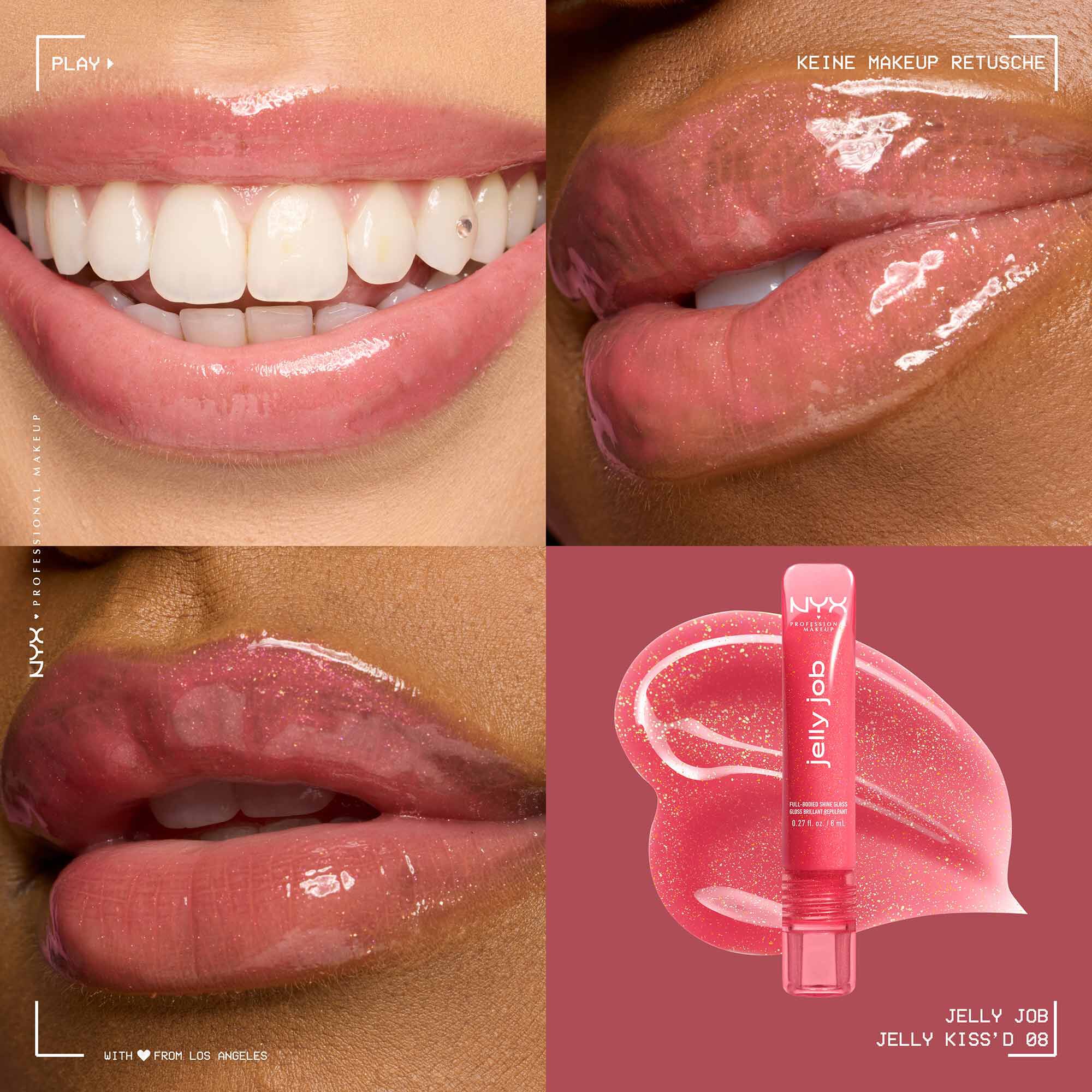 Ein Collage-Bild, das vier verschiedene Ansichten des NYX Professional Makeup "Jelly Job" Lipgloss zeigt.