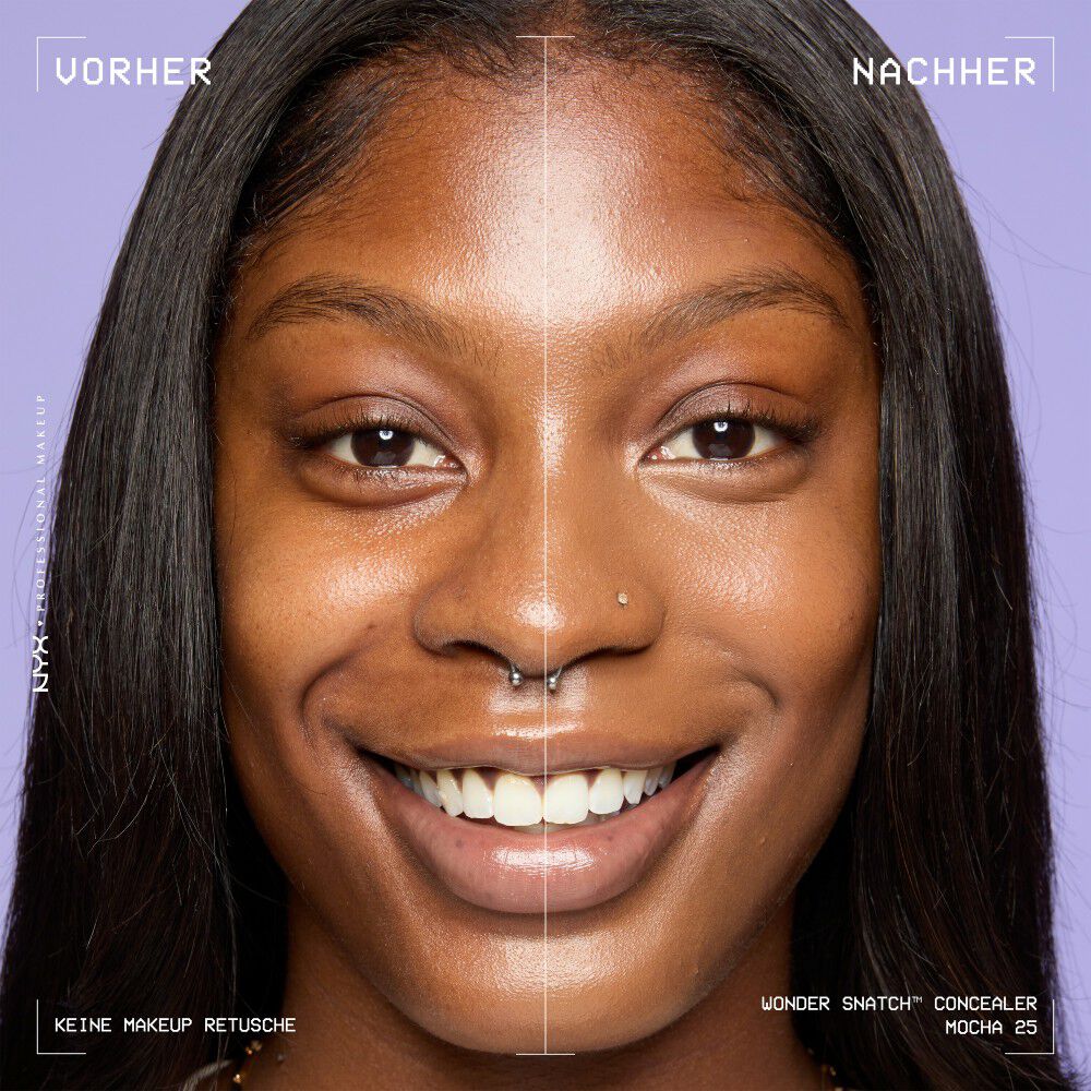 Ein unretuschierter Vorher-Nachher-Vergleich im Split-Screen demonstriert die hohe Deckkraft des NYX Wonder Snatch™ Concealers.