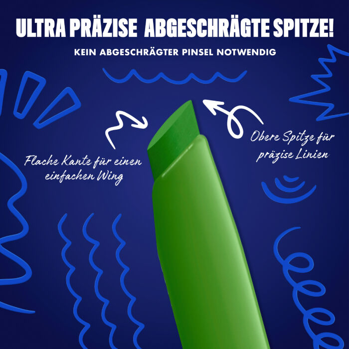 Das Bild zeigt eine Nahaufnahme der abgeschragten Spitze eines Eyeliners vor einem dunkelblauen Hintergrund. Auf dem Bild sind verschiedene Texte und Illustrationen zu sehen.