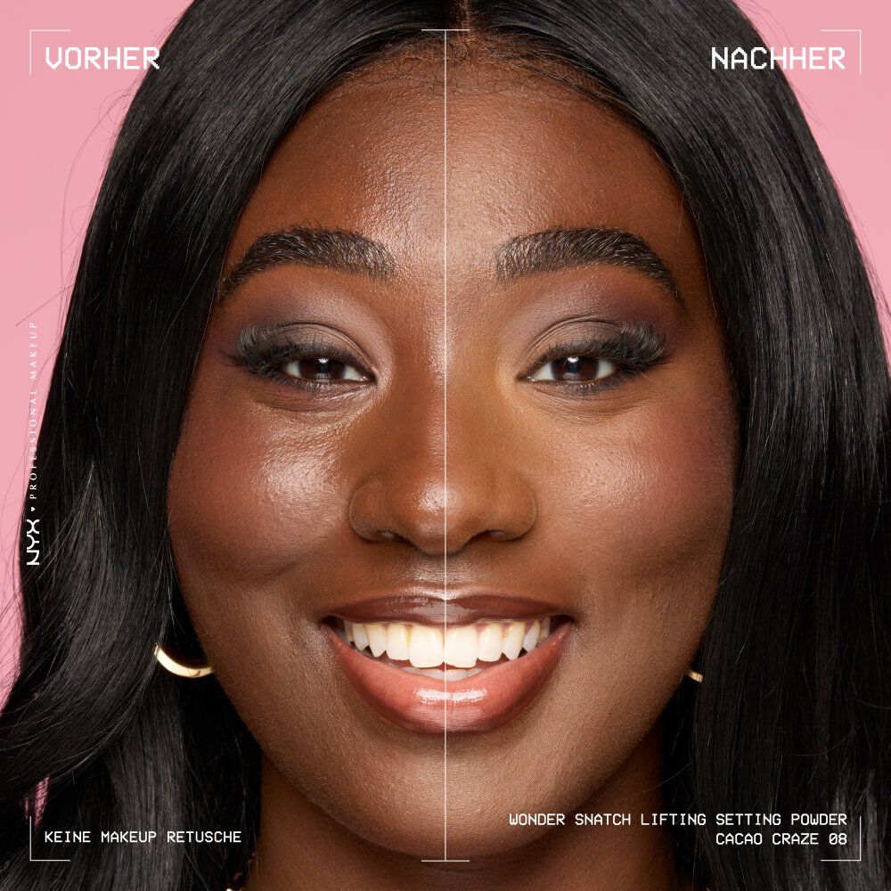 Vorher-Nachher-Bild einer jungen Frau mit und ohne aufgetragenem Wonder Snatch Lifting Setting Powder von NYX Professional Makeup