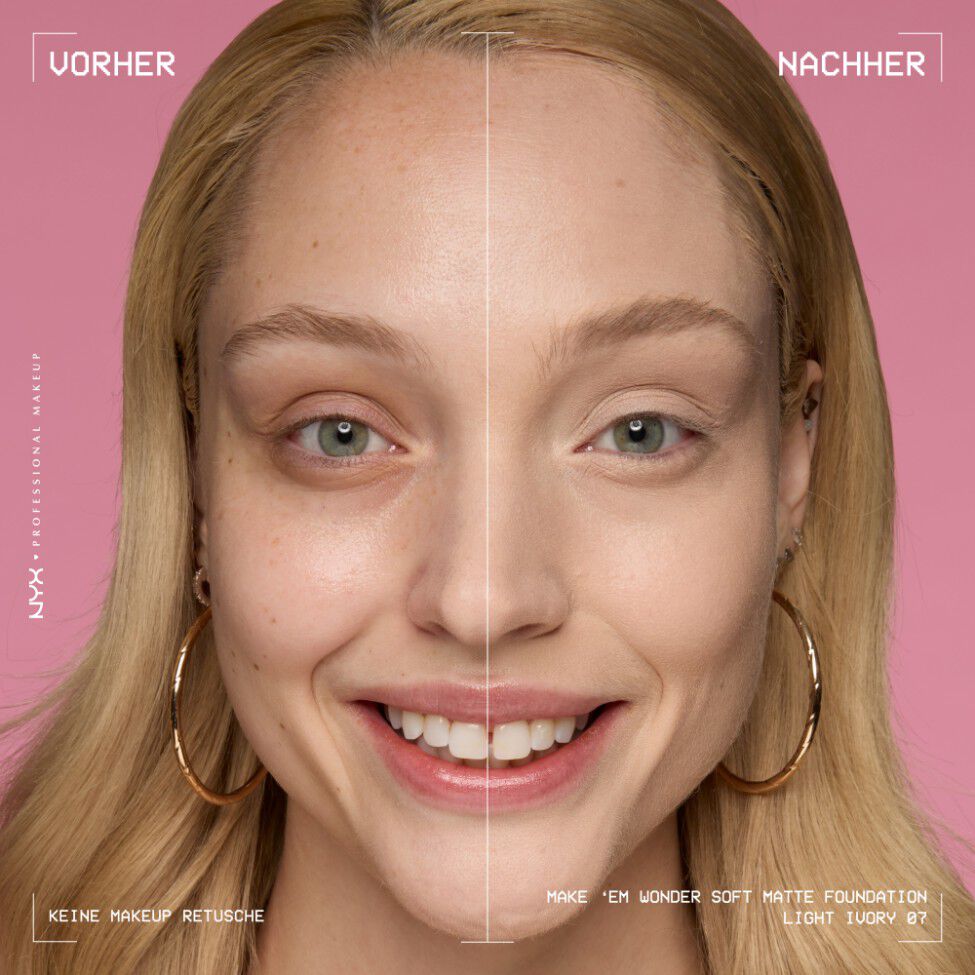 Vorher-Nachher-Bild vom Gesicht einer lachelnden Person mit und ohne Make 'Em Wonder Foundation