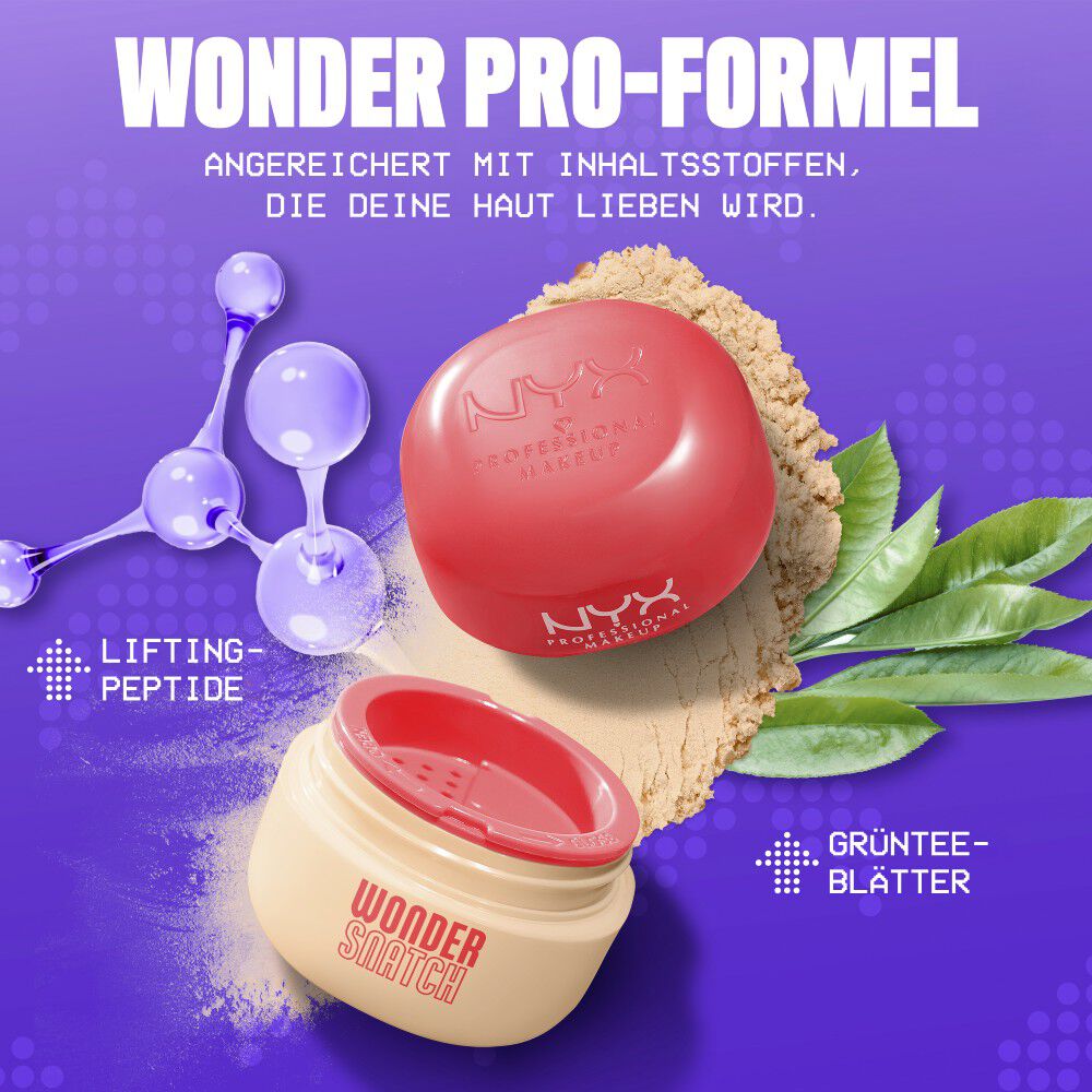 Offenes Wonder Snatch Lifting Setting Powder neben Inhaltsstoffen der Wonder Pro-Formel mit straffenden Peptiden und grunem Tee