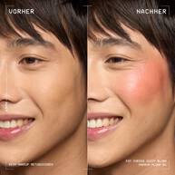 Anwendung des Fat Cheeks Juicy Blush von NYX Professional Makeup: Vorher-Nachher-Vergleich von ungeschminkten und geschminkten Wangen 