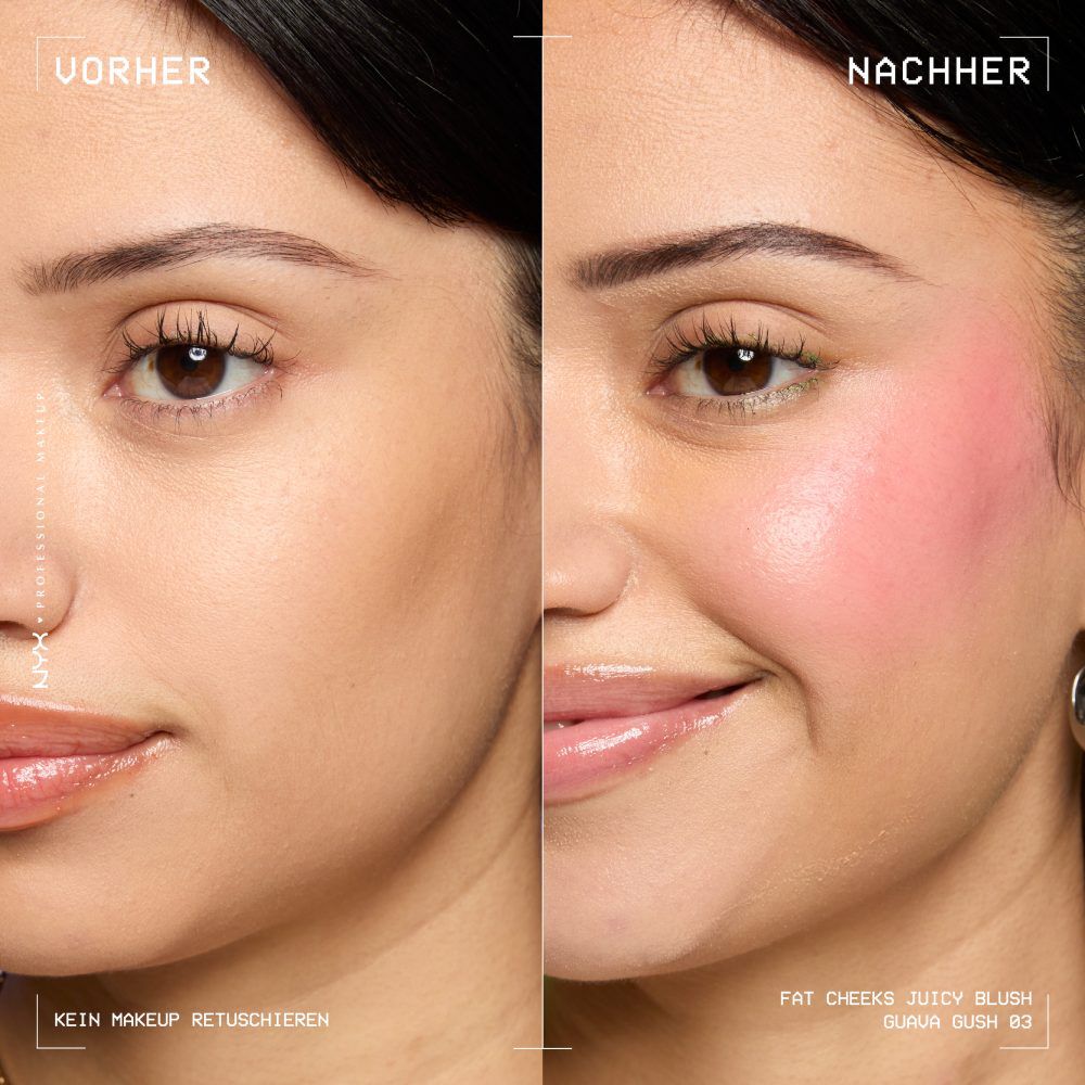Anwendung des Fat Cheeks Juicy Blush von NYX Professional Makeup: Vorher-Nachher-Vergleich von ungeschminkten und geschminkten Wangen 