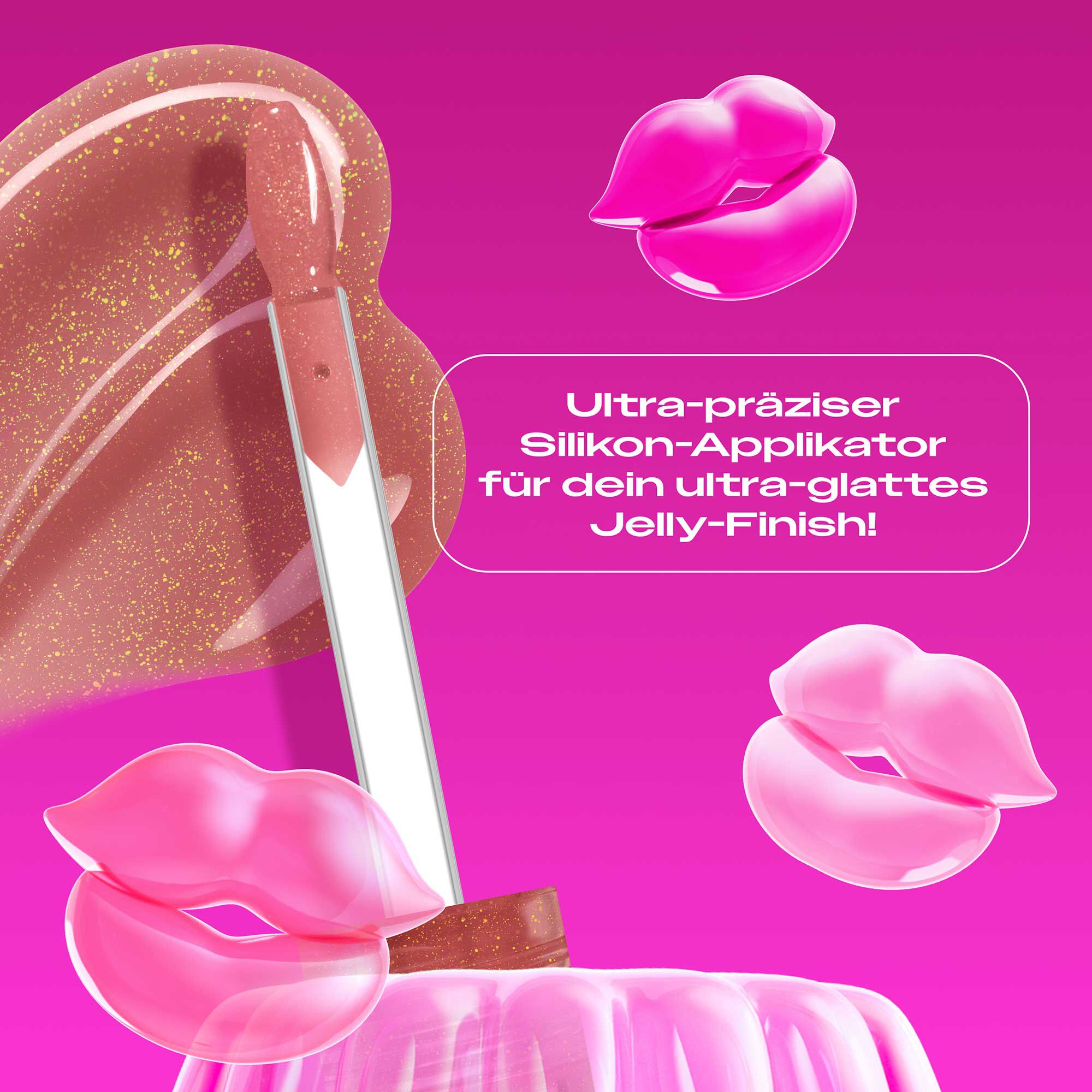 Das Bild zeigt eine Applikatorspitze aus Silikon, die in eine  viskose Textur taucht, die wie ein Swatch aufgetragen ist. Der Applikator ragt aus einer pinkfarbenen, gelatineartigen Masse oder Form heraus, die an Wackelpudding erinnert. Der gesamte Hintergrund ist ein leuchtendes Magenta.