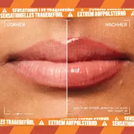Vorher-Nachher-Bild von Lippen mit und ohne Duck Plump High Pigment Lip Gloss sowie Warnungsbanner mit "Extreme Plumping" und "Extreme Sensation"