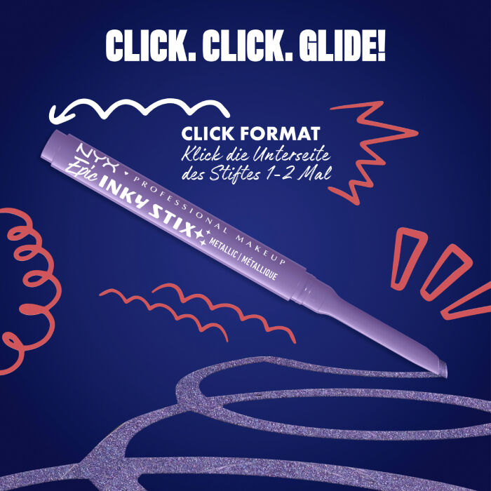 Das Bild zeigt einen Eyeliner-Stift von NYX Professional Makeup, diagonal auf einem dunkelblauen Hintergrund platziert. Oben steht in großen weißen Buchstaben "CLICK. CLICK. GLIDE!".