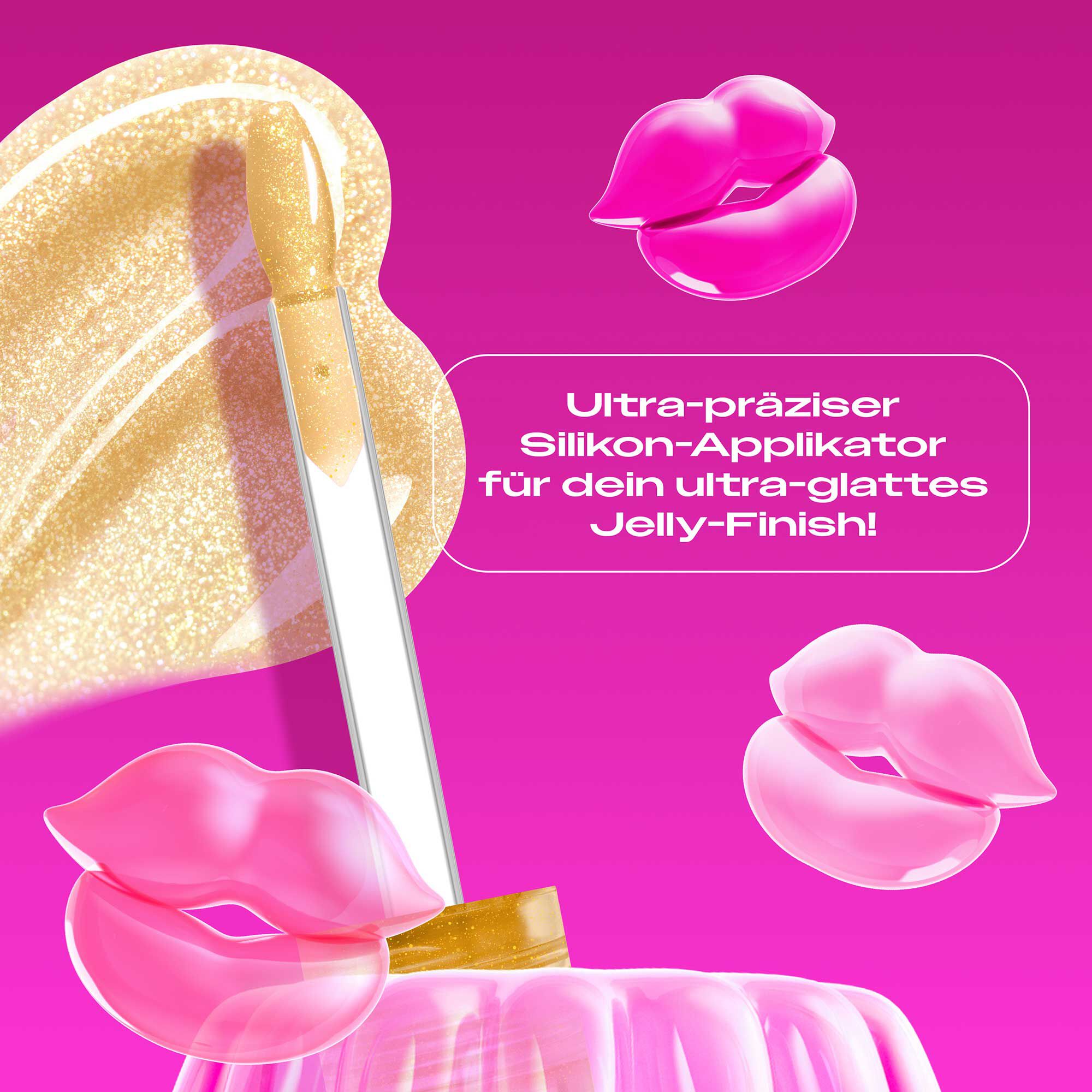 Das Bild zeigt eine Applikatorspitze aus Silikon, die in eine  viskose Textur taucht, die wie ein Swatch aufgetragen ist. Der Applikator ragt aus einer pinkfarbenen, gelatineartigen Masse oder Form heraus, die an Wackelpudding erinnert. Der gesamte Hintergrund ist ein leuchtendes Magenta.