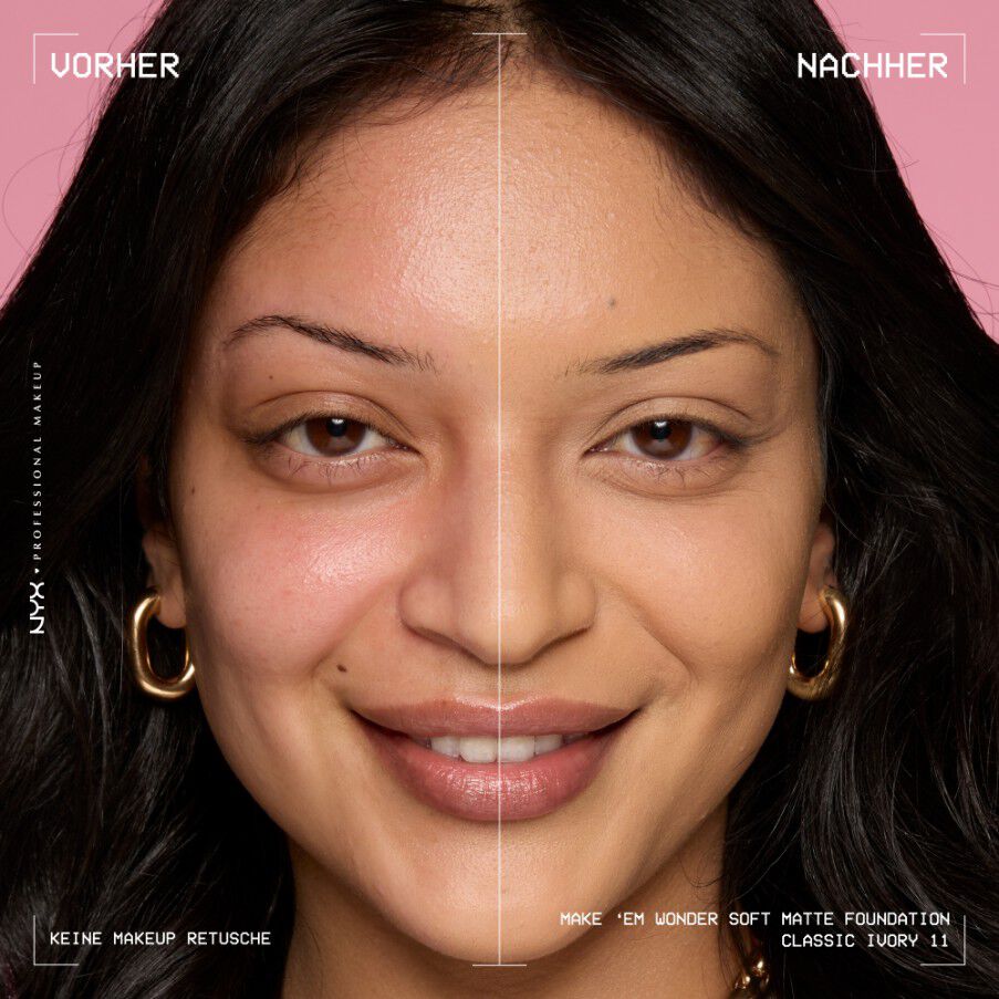 Vorher-Nachher-Bild vom Gesicht einer lachelnden Person mit und ohne Make 'Em Wonder Foundation