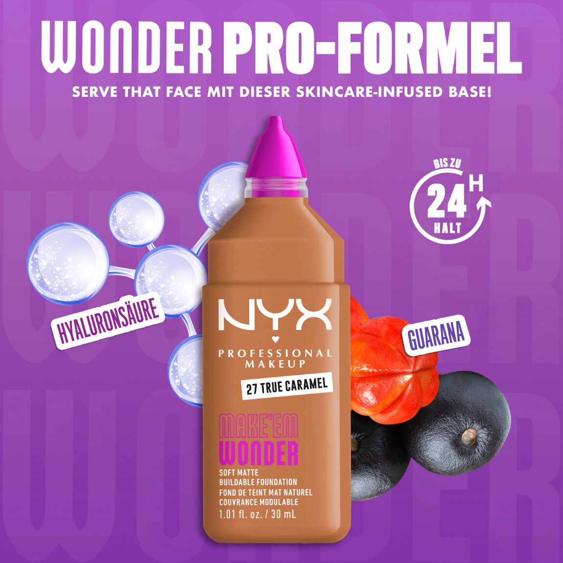 Make 'Em Wonder Foundation neben ihren Inhaltsstoffen Hyaluronsaure und Guarana-Extrakt