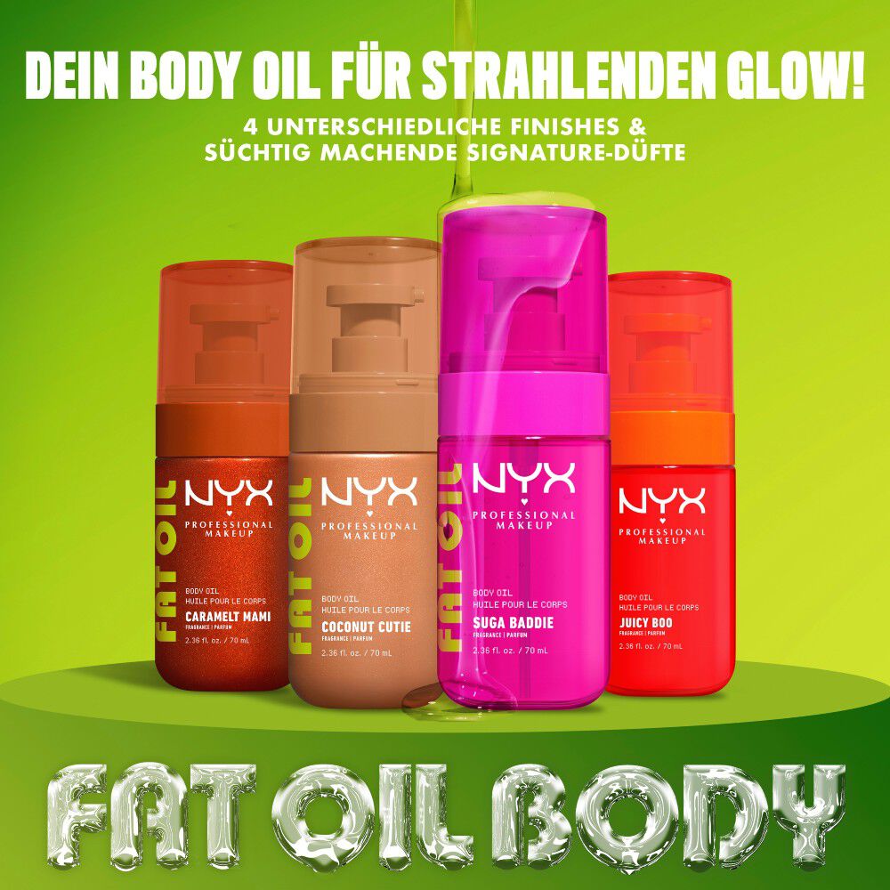 Die vier farbenfrohen Varianten der NYX Fat Oil Body Oil Kollektion werden gemeinsam auf einem grunen Podest prasentiert.