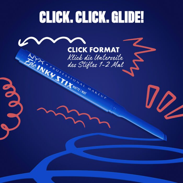 Das Bild zeigt einen Eyeliner-Stift von NYX Professional Makeup, diagonal auf einem dunkelblauen Hintergrund platziert. Oben steht in großen weißen Buchstaben "CLICK. CLICK. GLIDE!".