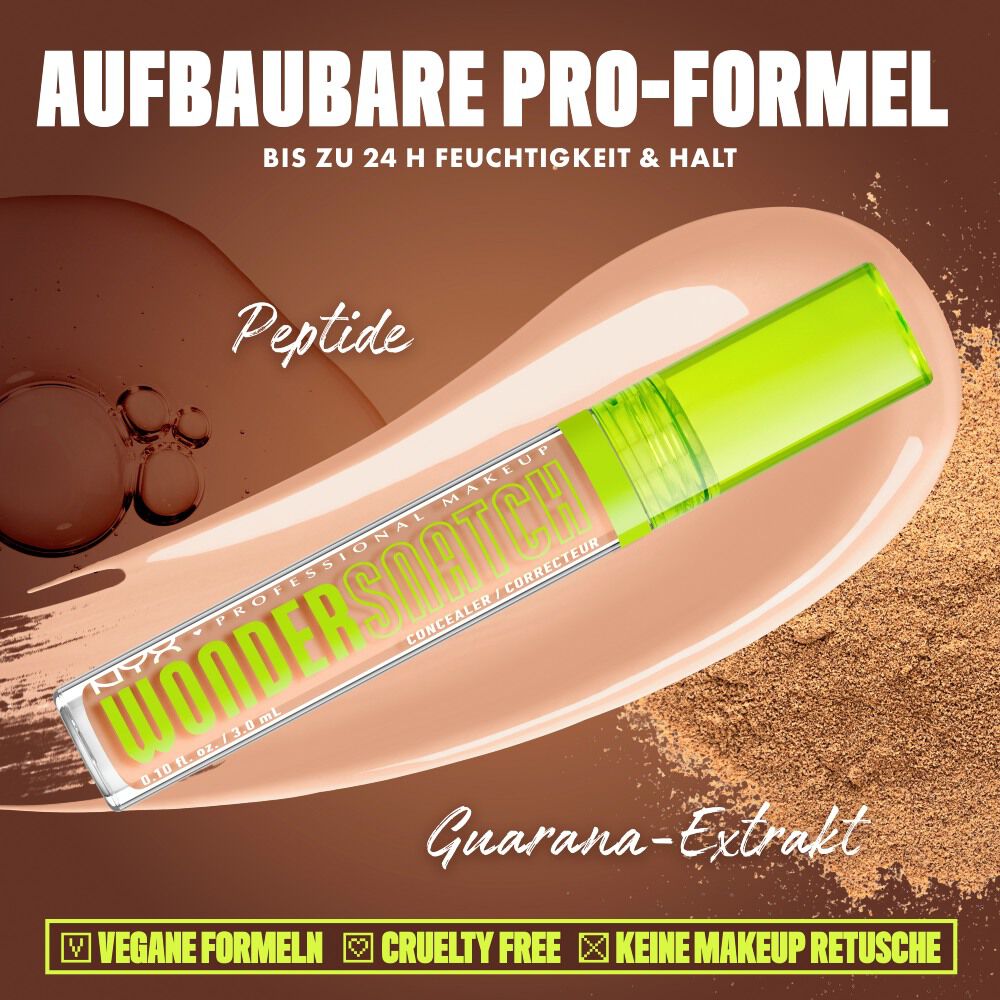 Produktgrafik des NYX Wonder Snatch™ Concealers, die die aufbaubare Formel mit Peptiden und Guarana-Extrakt fur bis zu 24 Stunden Feuchtigkeit und Halt prasentiert.