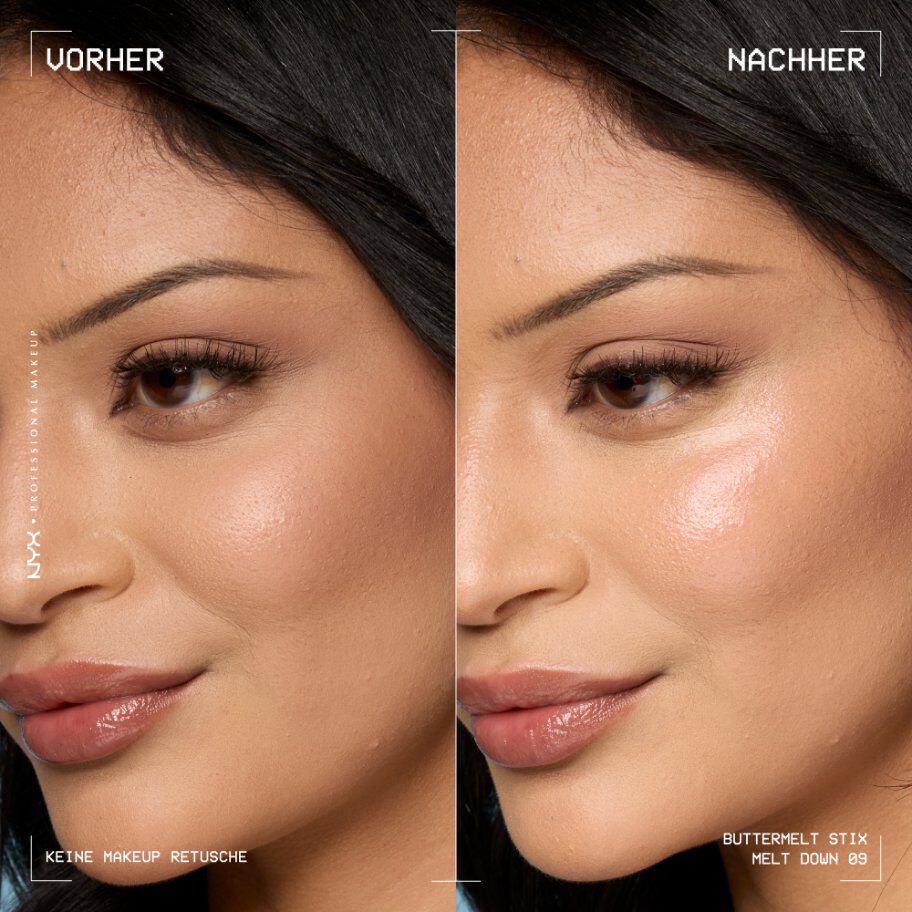 Dieses Bild ist eine Vorher-Nachher-Darstellung, die die Wirkung des NYX Professional Makeup Buttermelt Stix zeigt. Die Darstellung ist vertikal geteilt und zeigt das Gesicht einer Person.