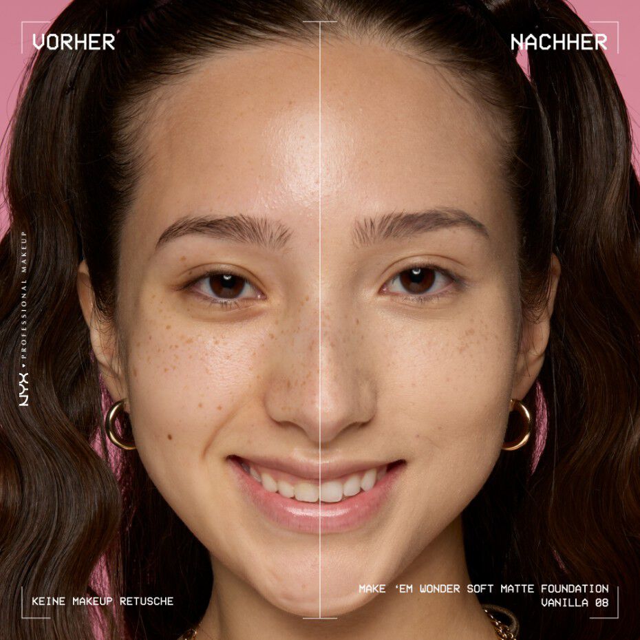 Vorher-Nachher-Bild vom Gesicht einer lachelnden Person mit und ohne Make 'Em Wonder Foundation