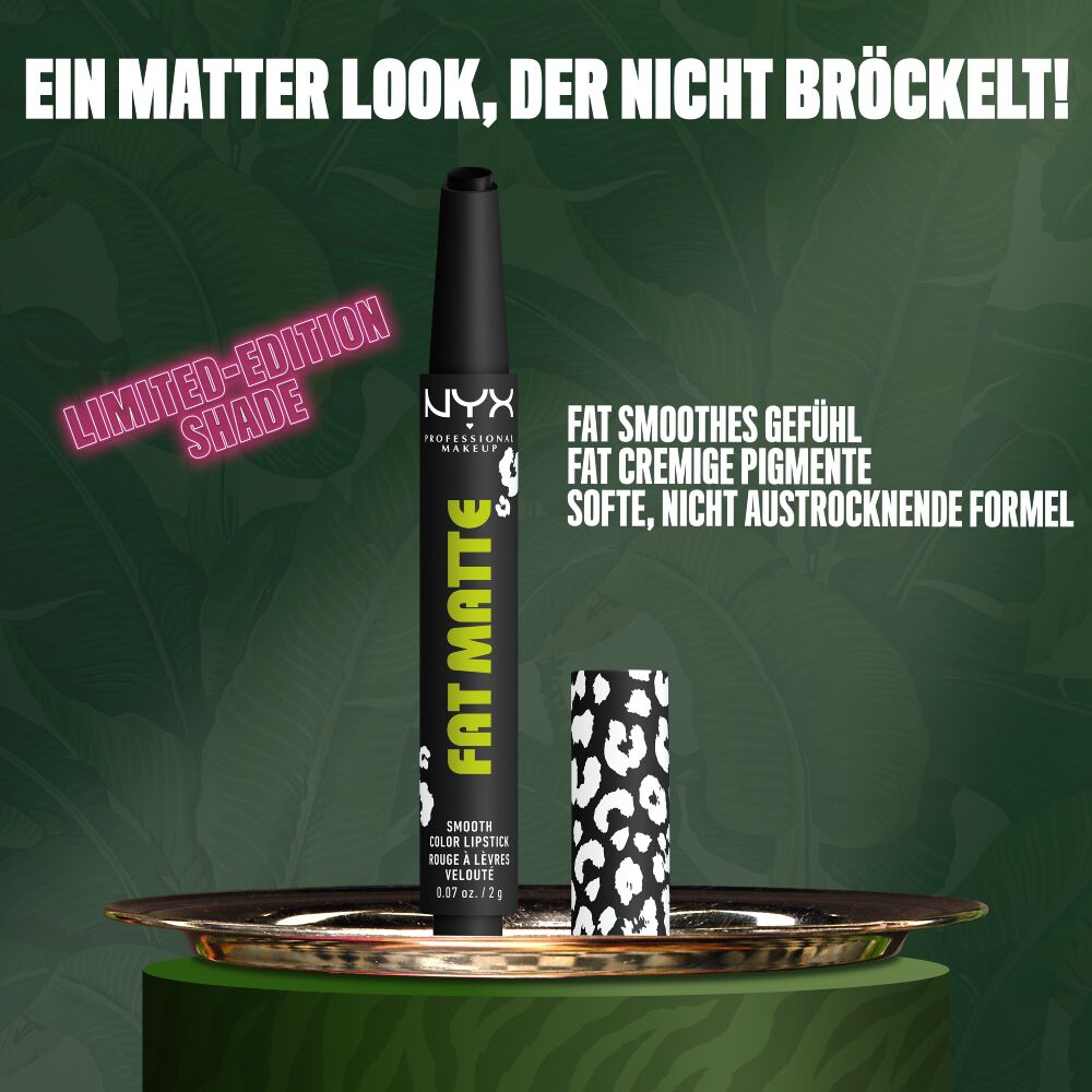 NYX Professional Makeup Party Animals Fat Matte Smooth Color Lipstick in der Nuance Fatal Pout, aufrecht abgebildet – mit Fokus auf die weiche, nicht austrocknende Formel und das geschmeidige matte Finish.